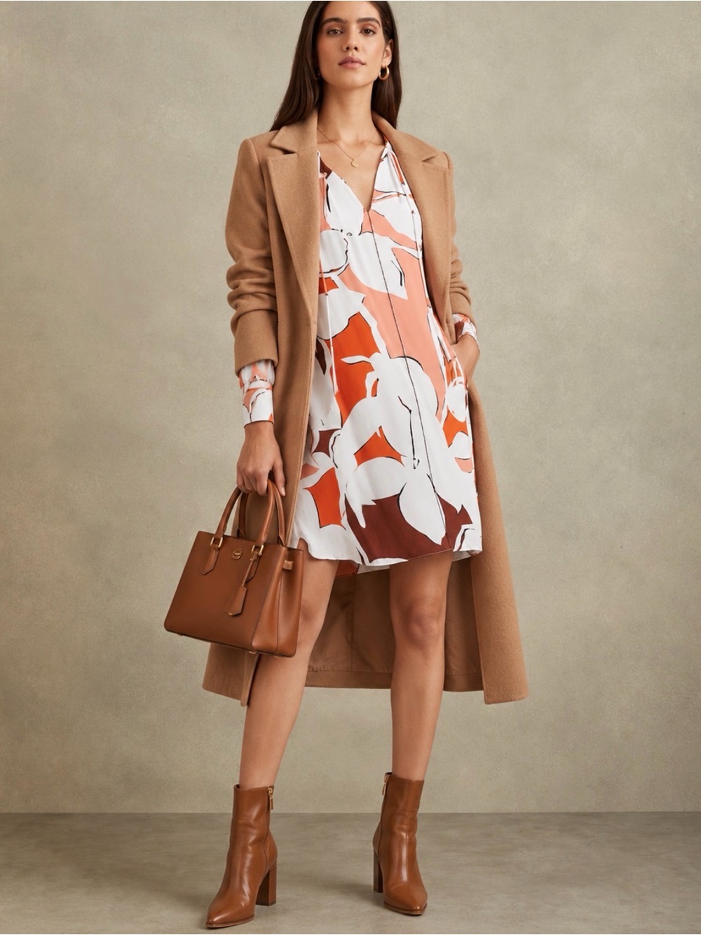 Reiss White and Rust Floral Shift Mini Dress